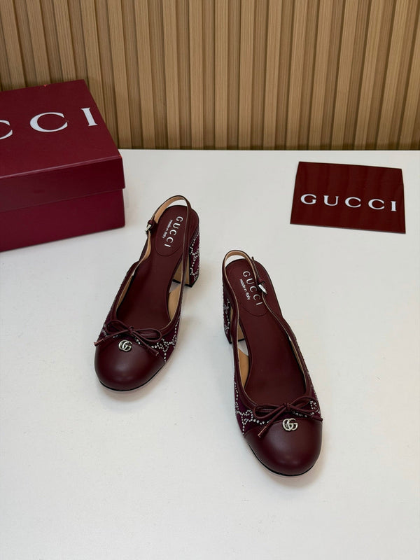 GG 26s Embellished Slingback Pumps 8CM Burgundy Velvet 997163