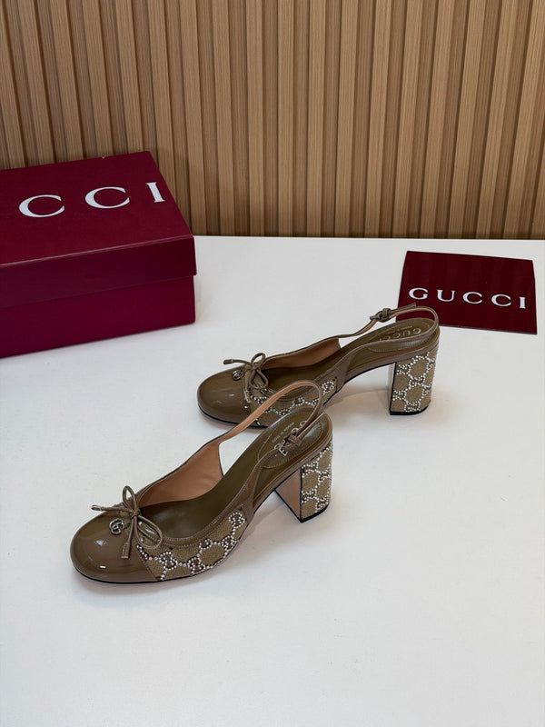GG 26s Embellished Slingback Pumps 8CM Light Brown Denim 997170
