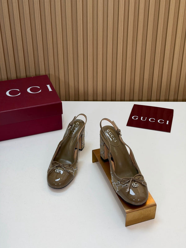 GG 26s Embellished Slingback Pumps 8CM Light Brown Denim 997170