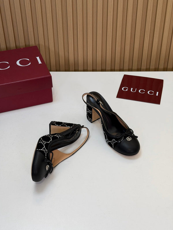 GG 26s Embellished Slingback Pumps 8CM Black Velvet 997166