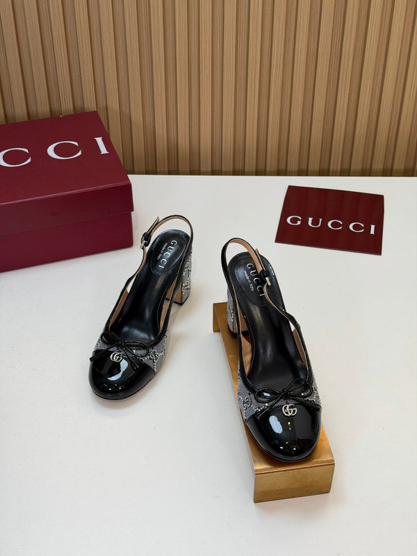 GG 26s Embellished Slingback Pumps 8CM Grey Black Patent Leather 997167