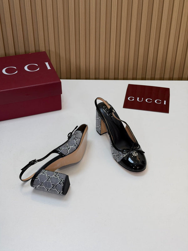 GG 26s Embellished Slingback Pumps 8CM Grey Black Patent Leather 997167