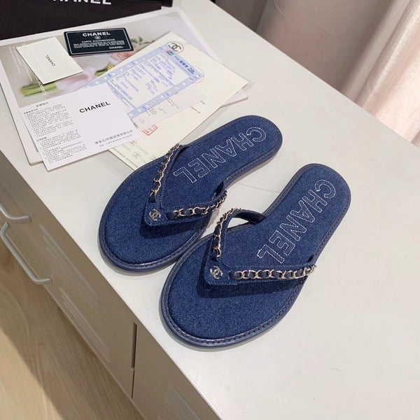CC Chain Link Thong Flat Dark Blue Denim 696738