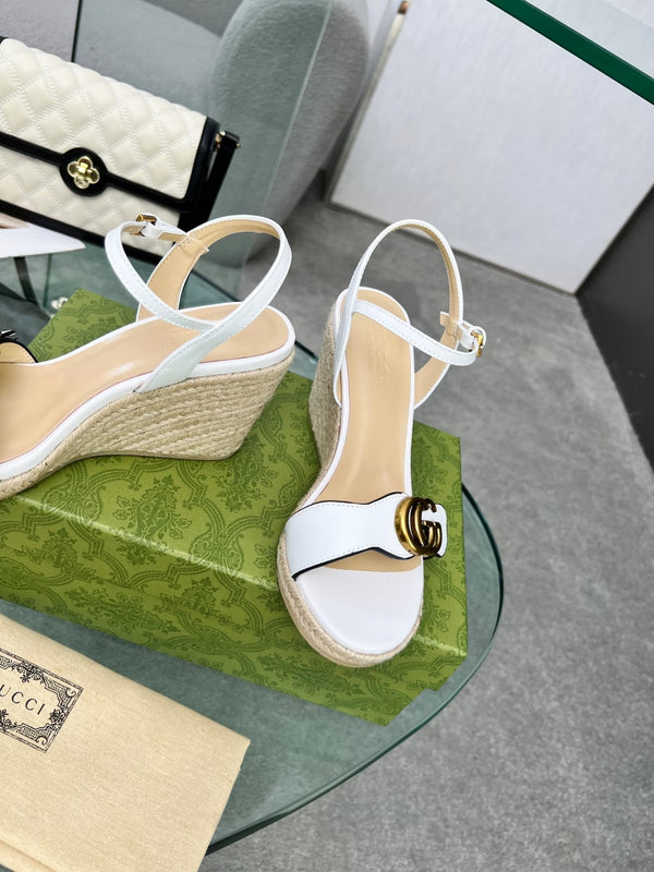 GG 26s Straw Platform Sandals 8cm White Leather 926709