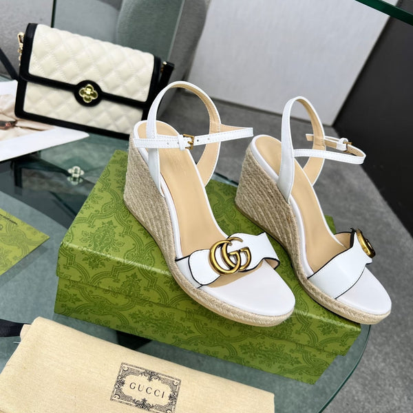 GG 26s Straw Platform Sandals 8cm White Leather 926709