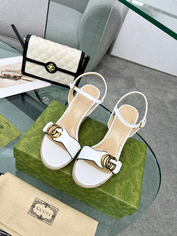 GG 26s Straw Platform Sandals 8cm White Leather 926709