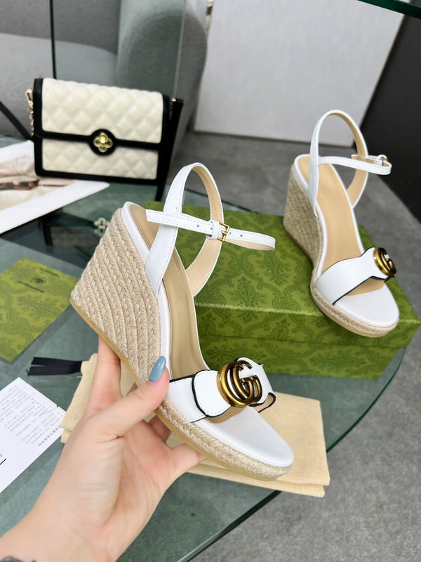 GG 26s Straw Platform Sandals 8cm White Leather 926709