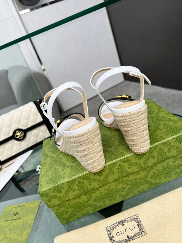 GG 26s Straw Platform Sandals 8cm White Leather 926709