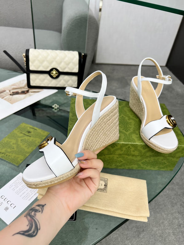 GG 26s Straw Platform Sandals 8cm White Leather 926709