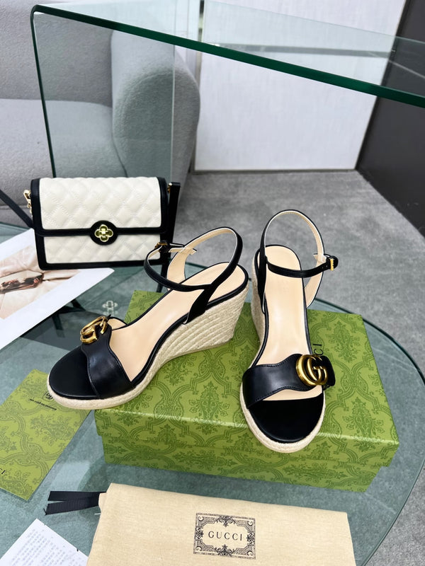 GG 26s Straw Platform Sandals 8cm Black Leather 926710