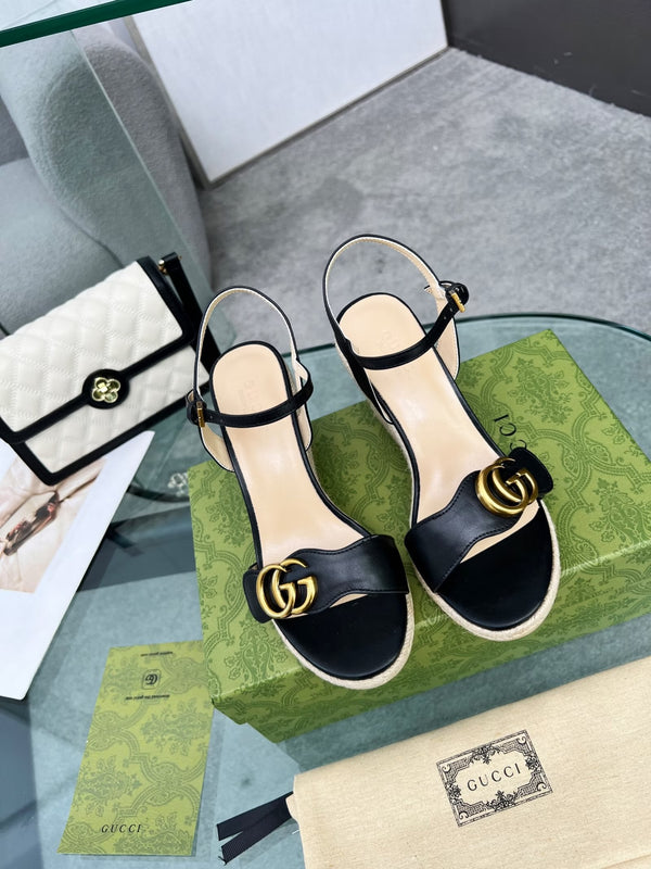 GG 26s Straw Platform Sandals 8cm Black Leather 926710