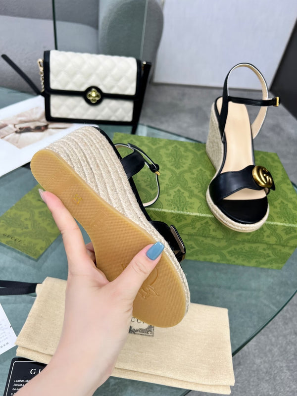 GG 26s Straw Platform Sandals 8cm Black Leather 926710