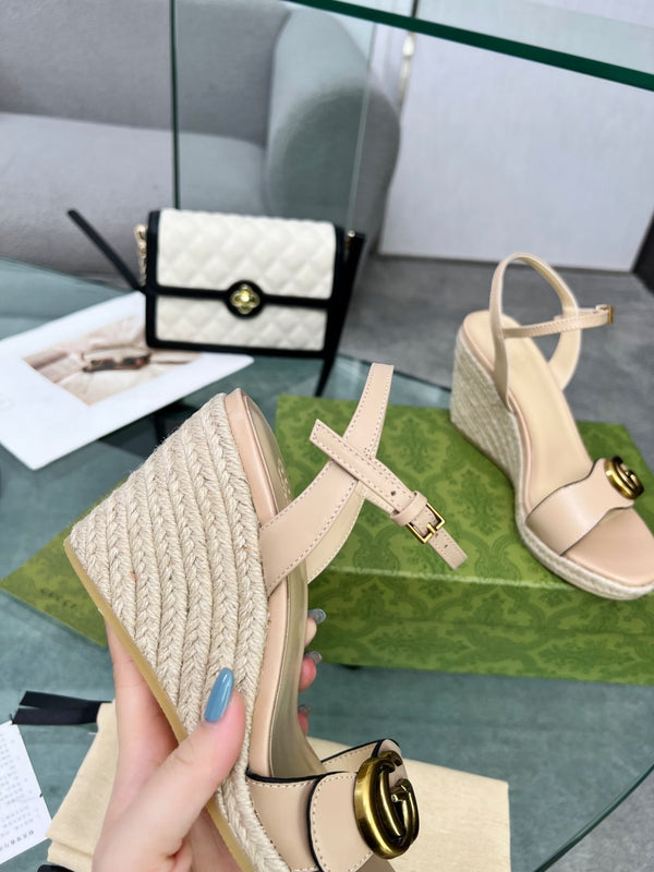GG 26s Straw Platform Sandals 8cm Light Pink Leather 926713