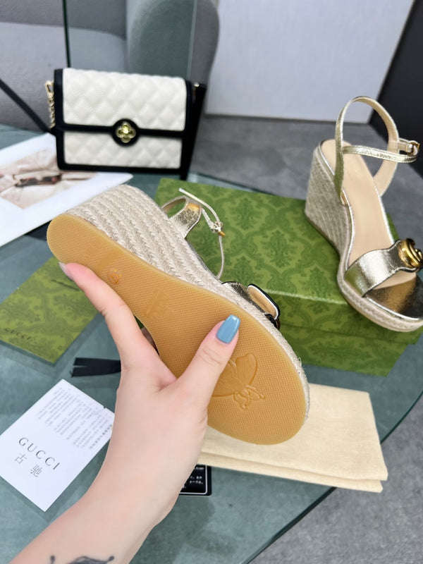 GG 26s Straw Platform Sandals 8cm Light Gold Metalic Leather 926714