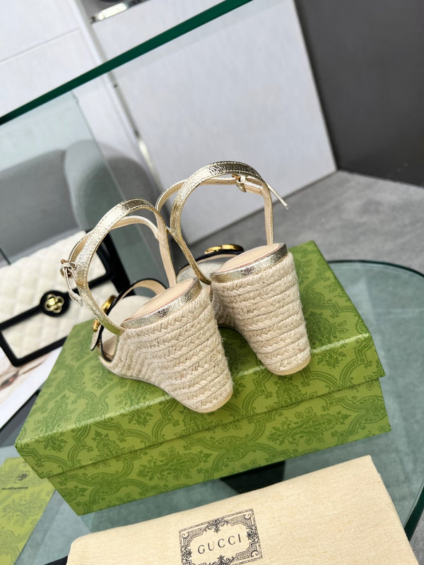 GG 26s Straw Platform Sandals 8cm Light Gold Metalic Leather 926714