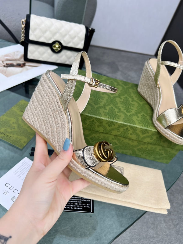 GG 26s Straw Platform Sandals 8cm Light Gold Metalic Leather 926714