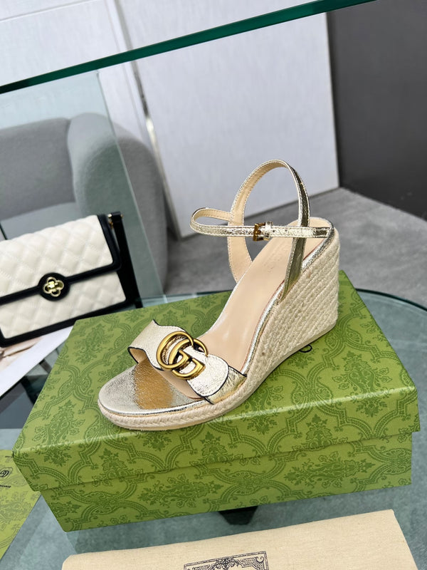 GG 26s Straw Platform Sandals 8cm Light Gold Metalic Leather 926714