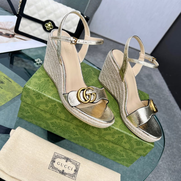 GG 26s Straw Platform Sandals 8cm Light Gold Metalic Leather 926714