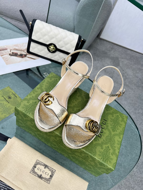 GG 26s Straw Platform Sandals 8cm Light Gold Metalic Leather 926714