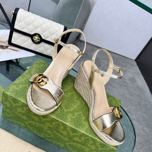 GG 26s Straw Platform Sandals 8cm Light Gold Metalic Leather 926714