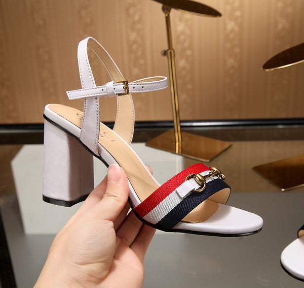 GG 26s Horsebit Sandals 8cm White Leather Canvas 926697