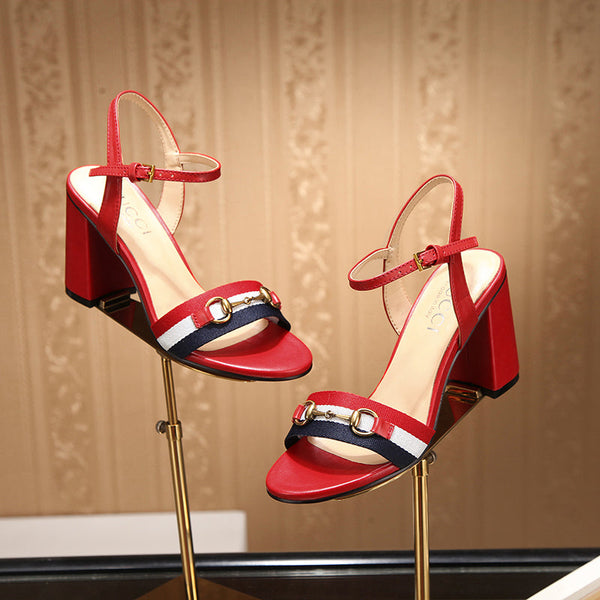 GG 26s Horsebit Sandals 8cm Red Leather Canvas 926699