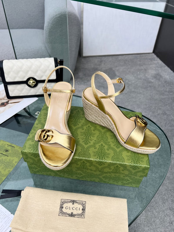 GG 26s Straw Platform Sandals 8cm Gold Leather 926712