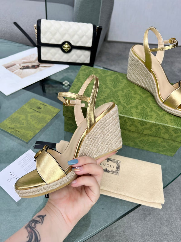 GG 26s Straw Platform Sandals 8cm Gold Leather 926712