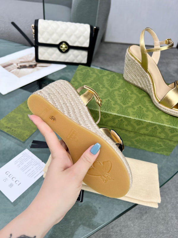 GG 26s Straw Platform Sandals 8cm Gold Leather 926712