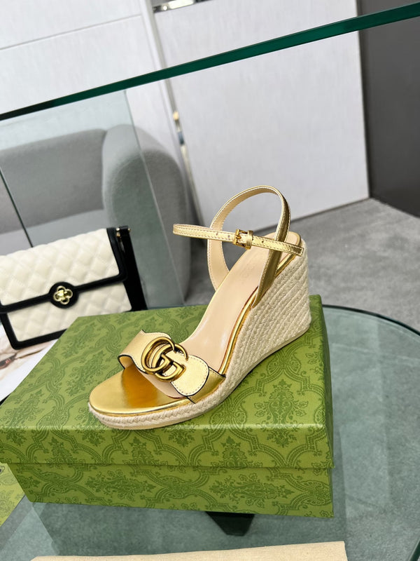 GG 26s Straw Platform Sandals 8cm Gold Leather 926712