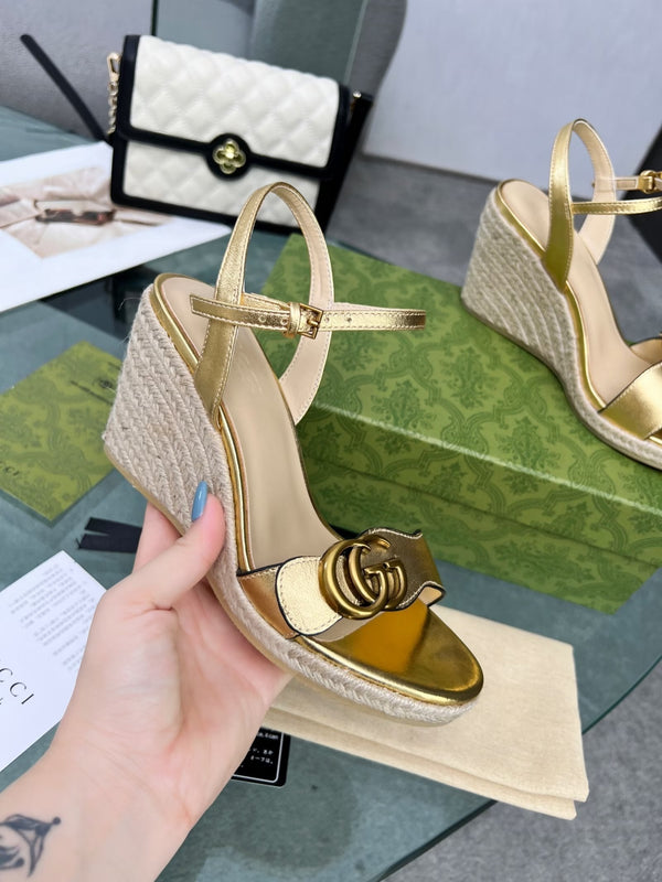 GG 26s Straw Platform Sandals 8cm Gold Leather 926712
