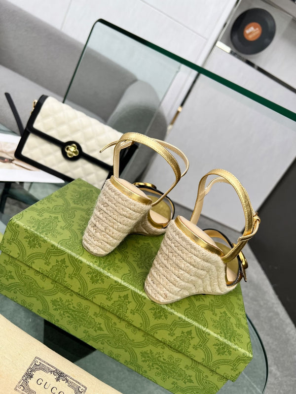 GG 26s Straw Platform Sandals 8cm Gold Leather 926712