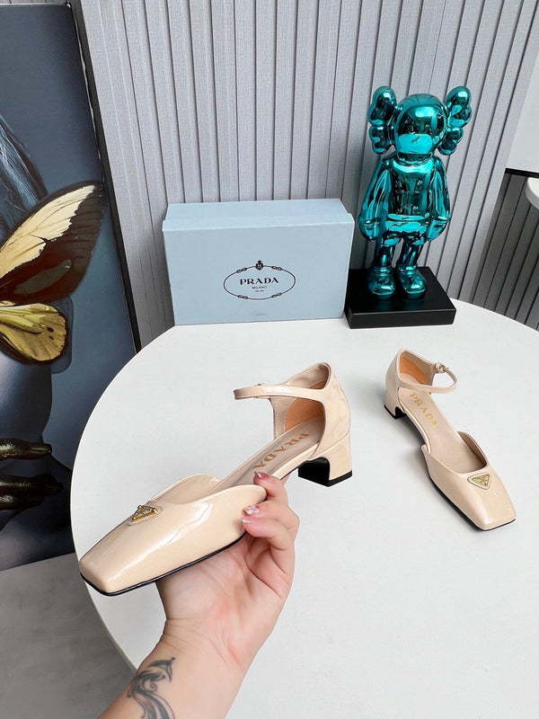 Prad 26s Ankle Strap Pumps 40mm In Nude Beige Patent Calfskin Triangle Logo