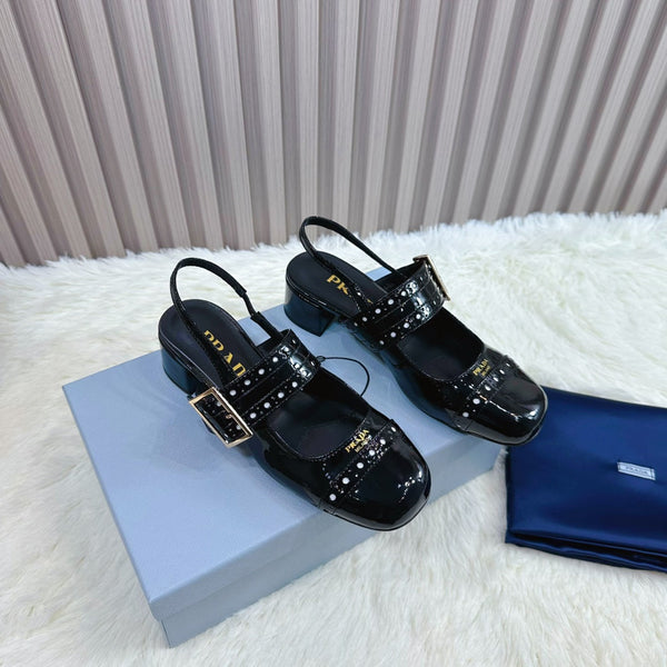 Prad 26s Square Toe Studded Slingback Block Heel 40mm In Black Patent Calfskin