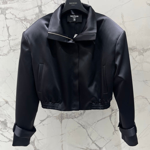 Balmain 26s Padded Shoulder Acetate Short Jacket Black Polyester 408620