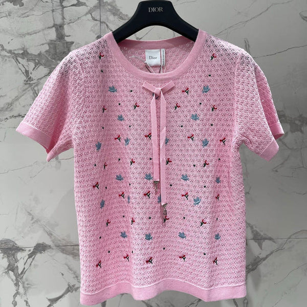 CD 2026 Embroidered Bow Knit Short-sleeved Top Pink Tencel 714725