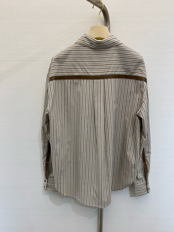 Miu Miu 25 Embroidered Striped Shirt Beige Brown Cotton