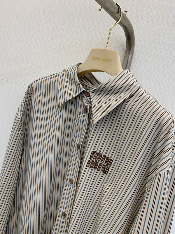 Miu Miu 25 Embroidered Striped Shirt Beige Brown Cotton