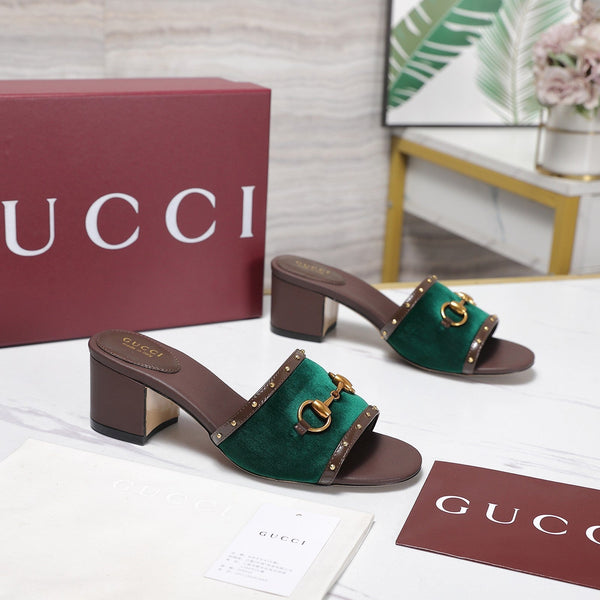 GG 26s Horsebit Mid-Heel Slide Sandal 6.5cm Green Velvet Lambskin 961278