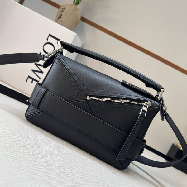 Loew Puzzle Biker Shoulder Bag 24cm Black Cowhide