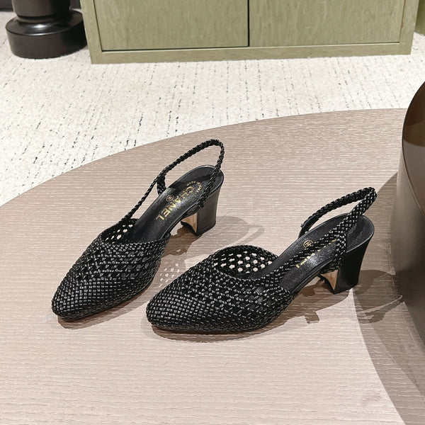 CC 26s Slingback Block Heel Black Woven Sheepskin 762818