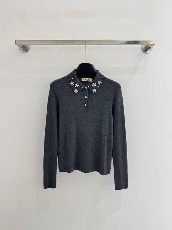 Miumiu 2025 Beaded Collar Long-Sleeve Knit Sweate Wool
