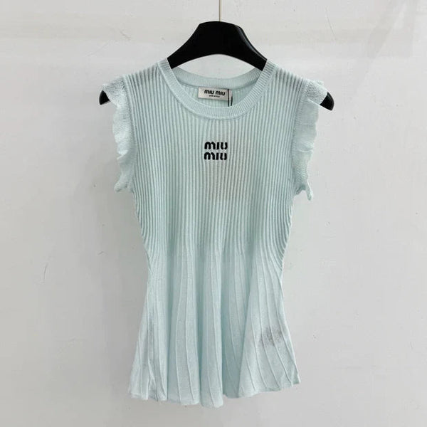 Miu 2026 Ruffled Sleeveless Knitwear Light Blue Cotton 516685