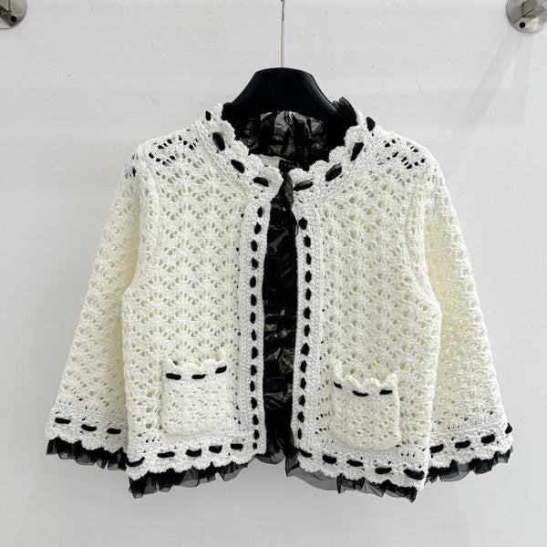 CC 2026 Hollowed-out Crochet Short Cardigan White Cashmere