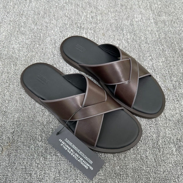 Zegna Men's Sandal Dark Brown Black Leather 144951