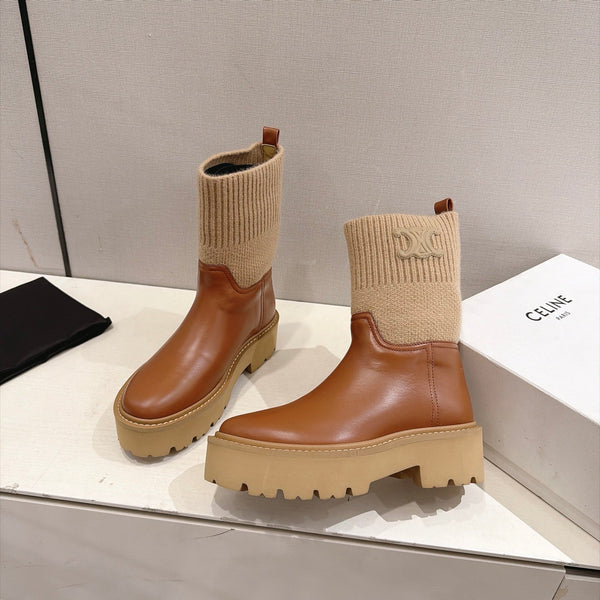 CE 26s Sock Ankle Boots Brown Lambskin Cotton 101098