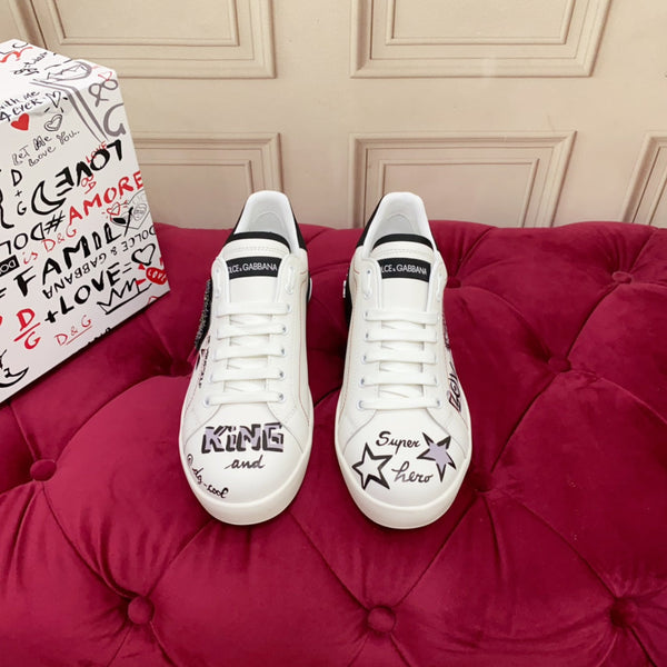 DC 24 Portofino Sneakers Black White Digital-Print Sheepskin & Crown Embroidery 100858
