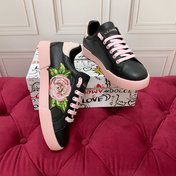 DC 25 Portofino Light Sneakers Black Pink Glitter Floral Pattern & Sheepskin 333870