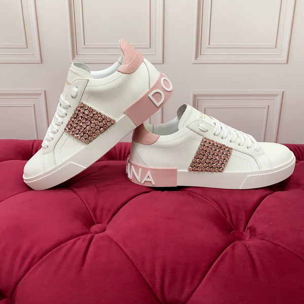 DC 25 Portofino Vintage Sneakers Pink White Cowhide & Rhinestone Silk 333877