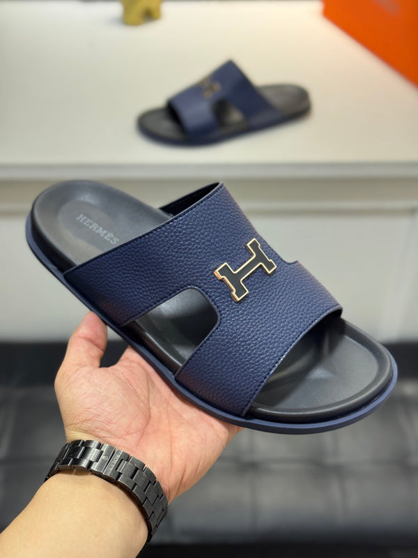 HM Oran H Black Gold Buckle Slippers in Blue Cowhide 735243